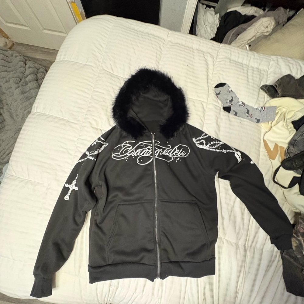 Black Hoodie with Fur Trim and White Graphics